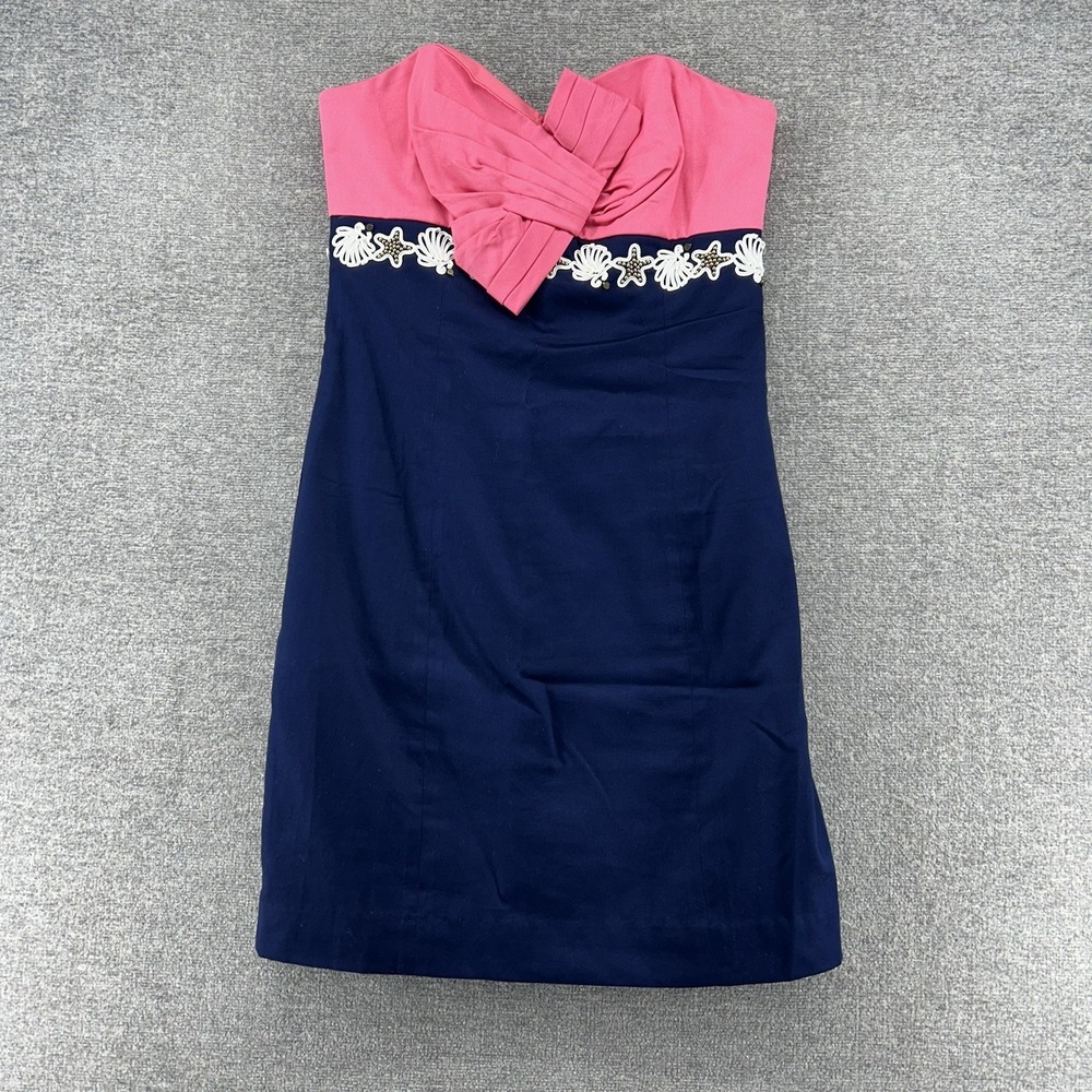 Lilly Pulitzer Krissa Strapless Sheath Dress Women Size 2 Navy Blue Pink Preppy - Picture 1 of 11